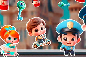 Postacie w stylu kreskówkowym, dziewczynka na hulajnodze, chłopiec również na hulajnodze, oraz postać w stroju policjanta, na kolorowym tle z zawieszonymi kluczami i puszkami