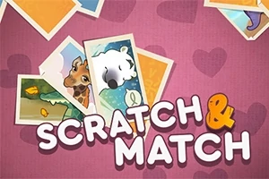 Ilustracje zwierząt na kolorowym tle z napisem Scratch & Match