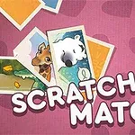 Ilustracje zwierząt na kolorowym tle z napisem Scratch & Match
