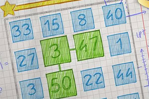 Kolorowe numery w kwadratowych polach na tle z kartki w kratkę, z dwoma centralnymi polami wyróżnionymi na zielono