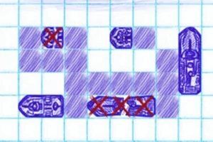 Układanka z rysunkowymi statkami na kratkowanym tle z zaznaczonymi trafieniami w postaci czerwonych krzyżyków