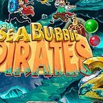 Kolorowa grafika przedstawiająca dwóch piratów na tle morskiego krajobrazu z wielkim napisem Sea Bubble Pirates 2 i rozrzuconymi wokół bąbelkami