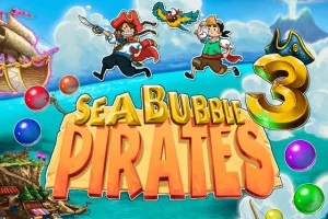 Dwóch kreskówkowych piratów z papugą i kolorowymi bańkami na tle morza i statku z dużym napisem Sea Bubble Pirates 3