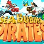 Piraci biegnący ze skarbem i pistoletem w otoczeniu kolorowych baniek oraz duży napis Sea Bubble Pirates