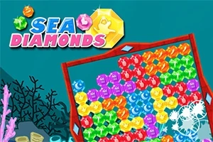 Logo SEA DIAMONDS i kolorowe, osadzone w ramce, błyszczące klejnoty na tle podwodnego krajobrazu z koralowcami
