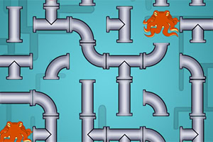 Układ rurek połączonych na niebieskim tle z pomarańczowymi ośmiornicami