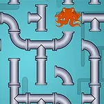 Układ rurek połączonych na niebieskim tle z pomarańczowymi ośmiornicami