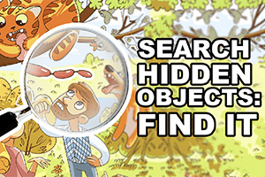 Mężczyzna oglądający przez lupę ukryte przedmioty w lesie, otoczony przez zwierzęta i tekst SEARCH HIDDEN OBJECTS: FIND IT