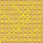 Siatka żółtych kafelków z literami i jasnożółtymi liniami łączącymi niektóre litery na środku