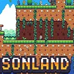 Pikselowa grafika przedstawiająca kolorowy świat z blokami ziemi, roślinnością i metalowymi elementami oraz dużym napisem SEASONLAND u dołu