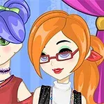 Dwie postacie z kreskówki, z fioletowymi i pomarańczowymi włosami, stojące przed różowymi zasłonami