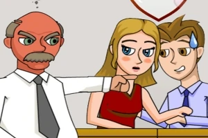 Mężczyzna z wąsami w białej koszuli i krawacie z gniewnym wyrazem twarzy wskazuje palcem na młodą parę siedzącą razem, podczas gdy mężczyzna z pary ma spocony czoło