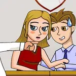 Mężczyzna z wąsami w białej koszuli i krawacie z gniewnym wyrazem twarzy wskazuje palcem na młodą parę siedzącą razem, podczas gdy mężczyzna z pary ma spocony czoło