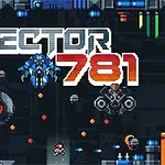 Eklektyczna scena pixel art z tytułem Sector 781, przedstawiająca futurystyczne roboty, postać w czerwonym stroju i różnokolorowe efekty świetlne na ciemnym tle
