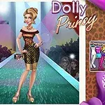 Stylowa postać w eleganckiej sukience prezentuje się na wybiegu, otoczona kolorowymi światłami i tropikalnym tłem