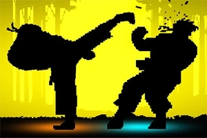 Czarny zarys dwóch postaci w walce na żółtym tle, z jedną wykonującą kopnięcie w głowę drugiej