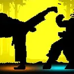 Czarny zarys dwóch postaci w walce na żółtym tle, z jedną wykonującą kopnięcie w głowę drugiej