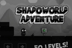 Czarno-biała ilustracja przedstawiająca postać w mrocznym krajobrazie z górami, szyldem z napisem Shadoworld Adventure oraz tekstem 50 Levels!
