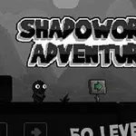 Czarno-biała ilustracja przedstawiająca postać w mrocznym krajobrazie z górami, szyldem z napisem Shadoworld Adventure oraz tekstem 50 Levels!