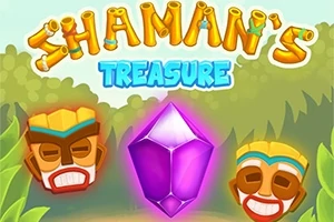 Kolorowy napis „Shaman’s Treasure” z dwoma maskami totemicznymi po bokach oraz dużym, fioletowym kryształem na tle dżungli