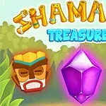 Kolorowy napis „Shaman’s Treasure” z dwoma maskami totemicznymi po bokach oraz dużym, fioletowym kryształem na tle dżungli
