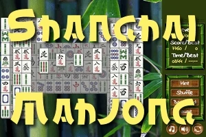 Układ płytek z chińskimi symbolami na tle z motywem bambusa i dużym napisem Shanghai Mahjong