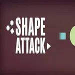 Napis SHAPE ATTACK obok kolorowych kształtów geometrycznych na brązowym tle