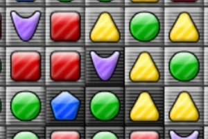 Kolorowe kształty, takie jak koła, kwadraty, trójkąty i pięciokąty, ułożone w kratkę na szarym tle