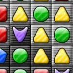 Kolorowe kształty, takie jak koła, kwadraty, trójkąty i pięciokąty, ułożone w kratkę na szarym tle