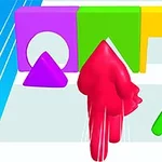 Postać w czerwonym płynie biegnie w kierunku kolorowych przeszkód w kształcie figur geometrycznych na niebiesko-białym tle