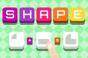 Kolorowe litery tworzące słowo SHAPE na zielonym geometrycznym tle z ikonami kształtów oraz symbolem plusa i równa się