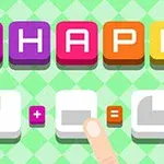 Kolorowe litery tworzące słowo SHAPE na zielonym geometrycznym tle z ikonami kształtów oraz symbolem plusa i równa się