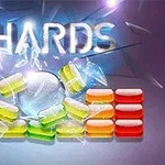 Kolorowe, przezroczyste klocki spadające wokół rozbitego szkła z napisem SHARDS w tle