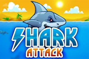 Rekin wynurza się z wody na tle zachodzącego słońca i napisu Shark Attack