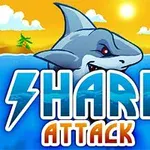 Rekin wynurza się z wody na tle zachodzącego słońca i napisu Shark Attack