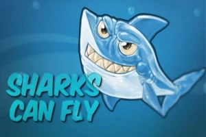 Uśmiechnięty rysunkowy rekin na niebieskim tle z napisem Sharks Can Fly