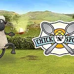 Owca z jajkiem na łyżce na zielonym tle, obok logo z dwoma skrzyżowanymi łyżkami i napisem Chick N Spoon