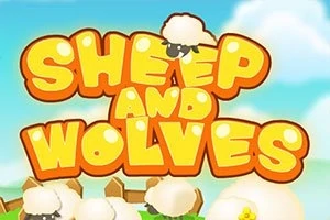 Grafika przedstawia kolorowy napis Sheep and Wolves z owcą na szczycie litery, na tle nieba i obłoków