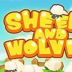 Grafika przedstawia kolorowy napis Sheep and Wolves z owcą na szczycie litery, na tle nieba i obłoków