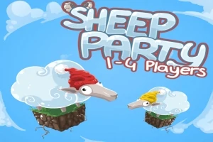 Owce w kolorowych czapkach unoszące się na małych kawałkach ziemi na tle niebieskiego nieba i napis Sheep Party 1-4 Players
