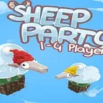 Owce w kolorowych czapkach unoszące się na małych kawałkach ziemi na tle niebieskiego nieba i napis Sheep Party 1-4 Players