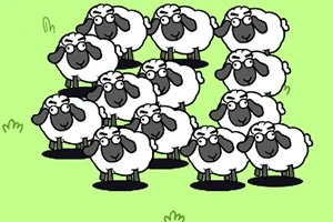 Wizerunek przedstawia grupę rysunkowych owiec z białymi futrami i czarnymi pyskami, stojących na zielonym tle