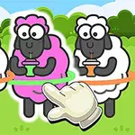 Trzy owce, w tym jedna różowa, pijące napoje przez słomki, stoją na tle zielonego krajobrazu z kreskówkowym wskaźnikiem w kształcie dłoni