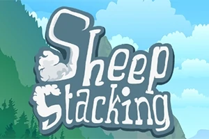Napis Sheep Stacking na tle nieba z chmurami i zarysem górskich drzew