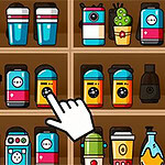 Rysunkowe półki z różnorodnymi kolorowymi przedmiotami, w tym kubkami, butelkami i elektroniką, a także duży kursor wskazujący na jeden z przedmiotów