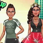 Dwie postacie w strojach sportowych i eleganckich na tle miasta z logo Dress Up Who