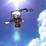 Animowana postać z białymi włosami i czarną maską unosi się w powietrzu, trzymając broń w ręku, na tle nieba z chmurami