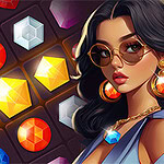 Kobieta w okularach przeciwsłonecznych i biżuterii na tle kolorowych klejnotów na siatce