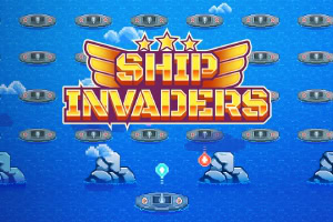 Pomarańczowy napis Ship Invaders z gwiazdami i skrzydłami na niebieskim tle z kilkoma unoszącymi się statkami i chmurami