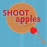 Czerwona strzała przebijająca jabłko na tle tarczy z napisem SHOOT apples